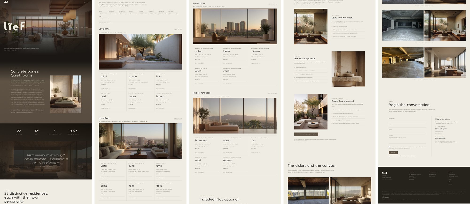 The liefmidtownphx.com home page, captured whole and cut into five columns to read left to right: the building and the vision at the top, then the residences level by level with a card for each home, then the finishes every home includes, then a gallery that sets the bare concrete floors beside design studies of the finished rooms, and the contact form. Source: liefmidtownphx.com, captured 25 September 2026.